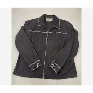 St John Sport Vintage‎ Charcoal Gray Studded Metallic Denim Zip Jacket Large